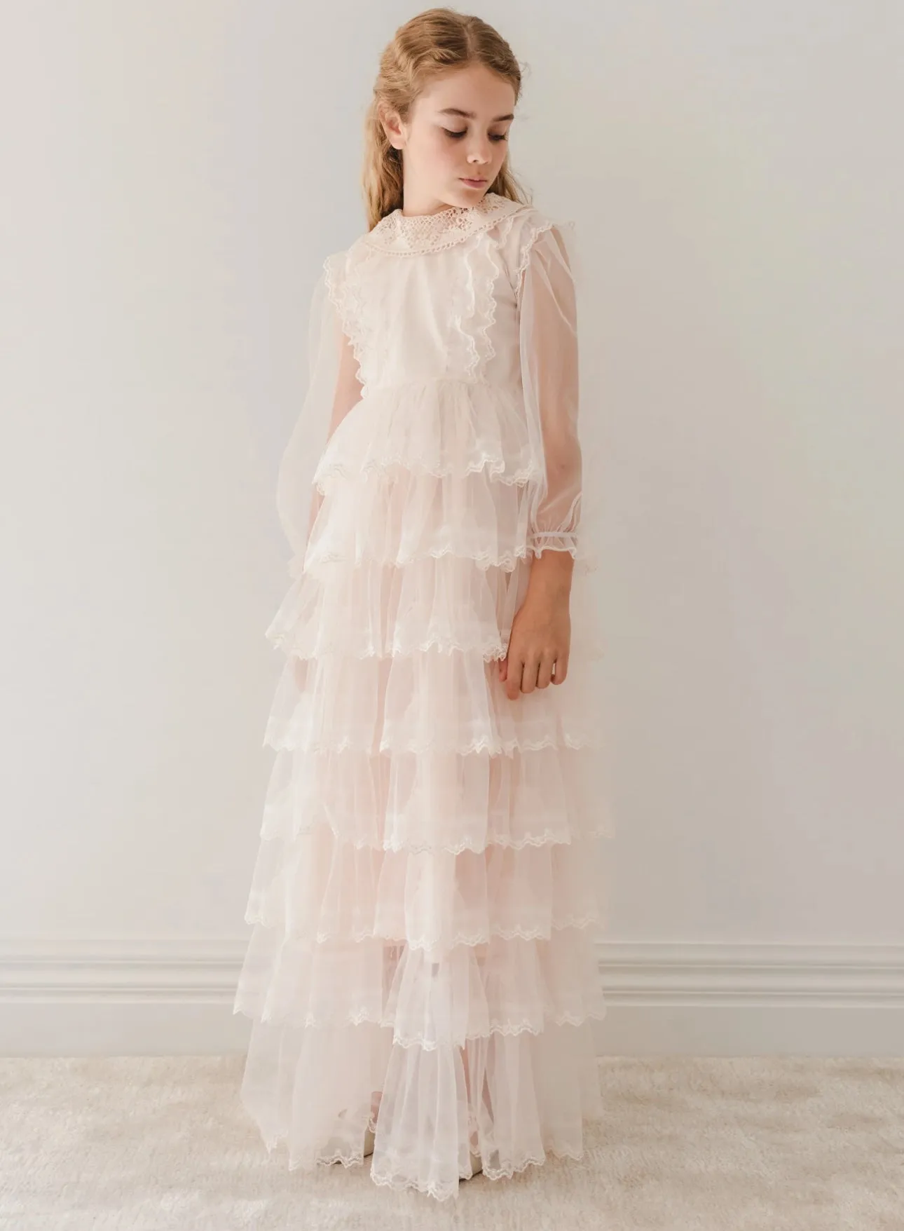 Elegant Petal Tulle Gown with Crochet Collar