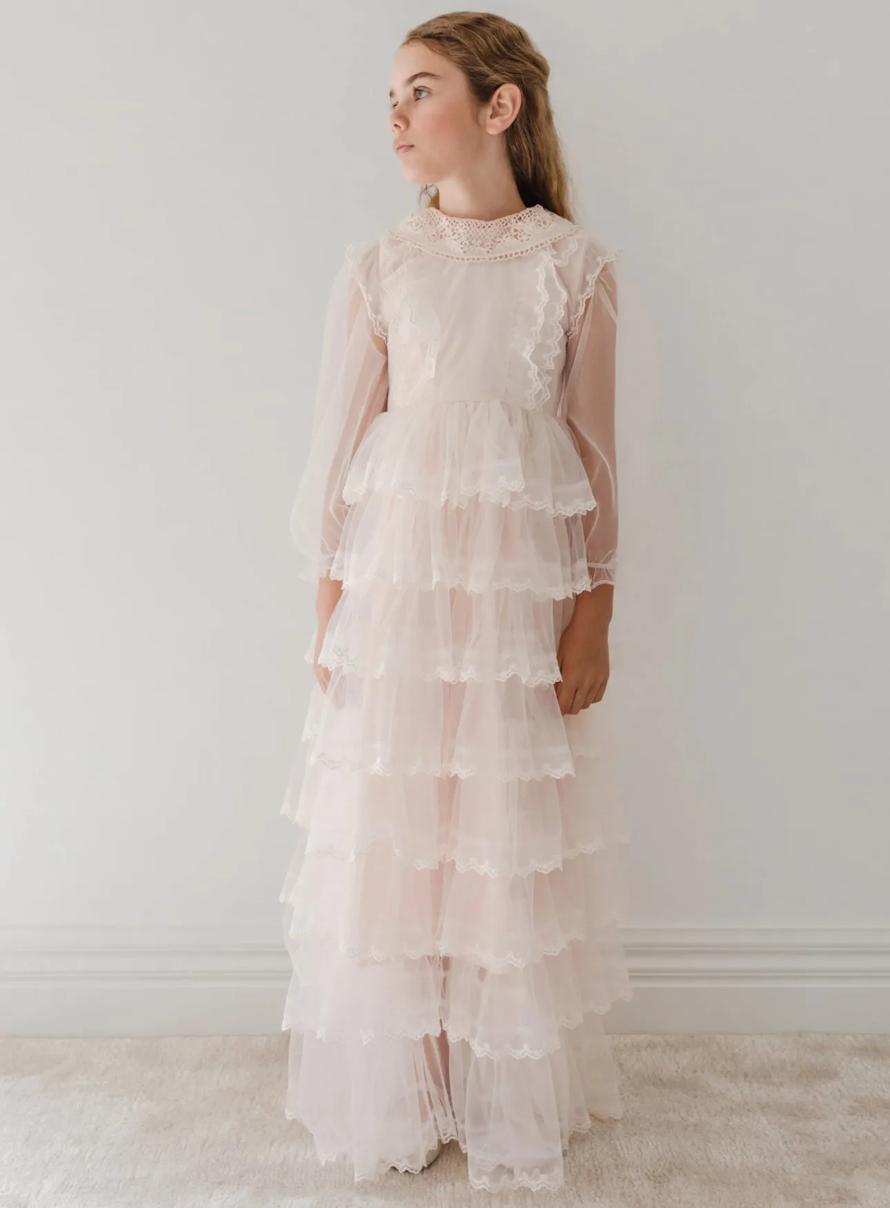 Elegant Petal Tulle Gown with Crochet Collar