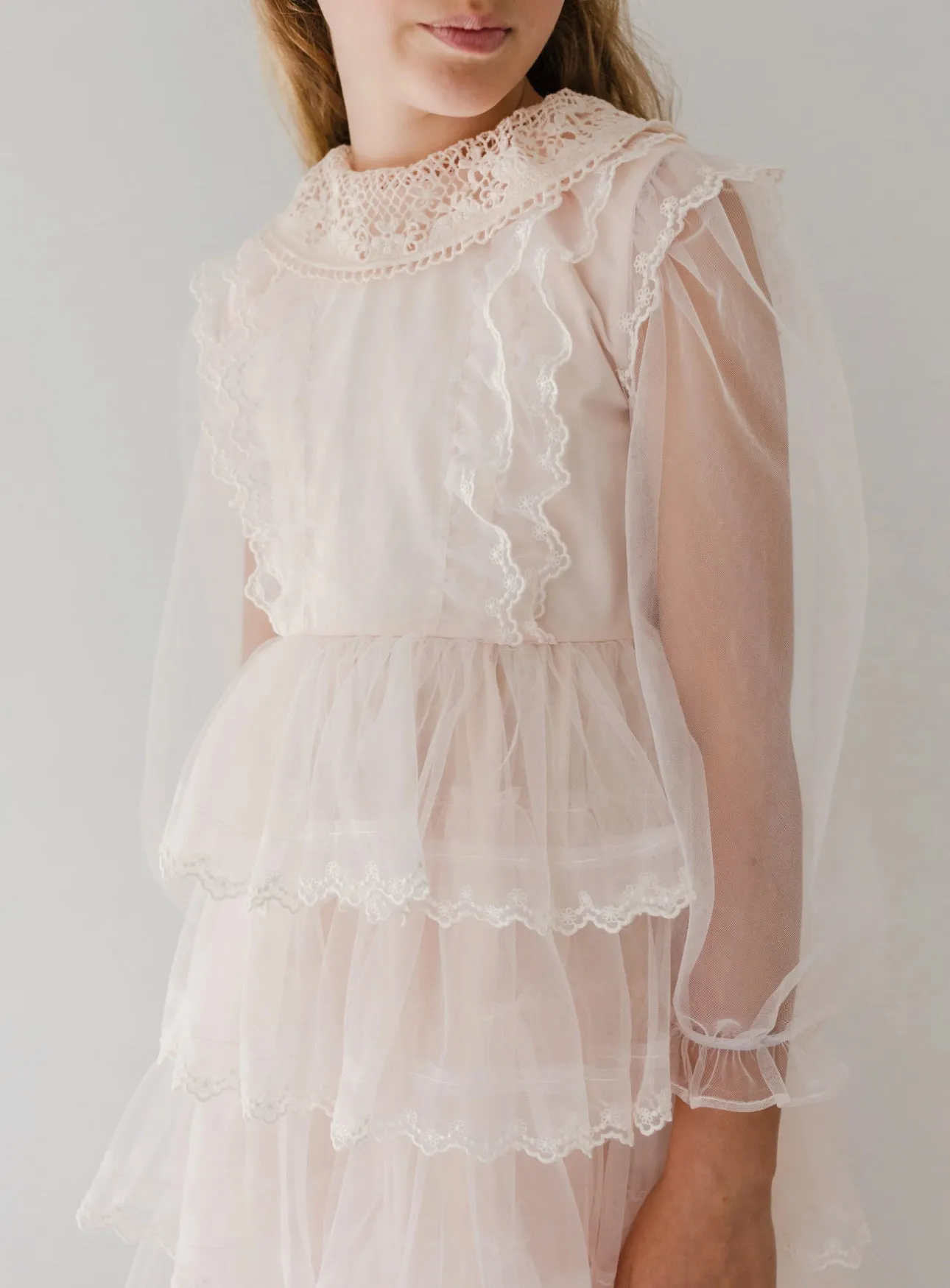 Elegant Petal Tulle Gown with Crochet Collar