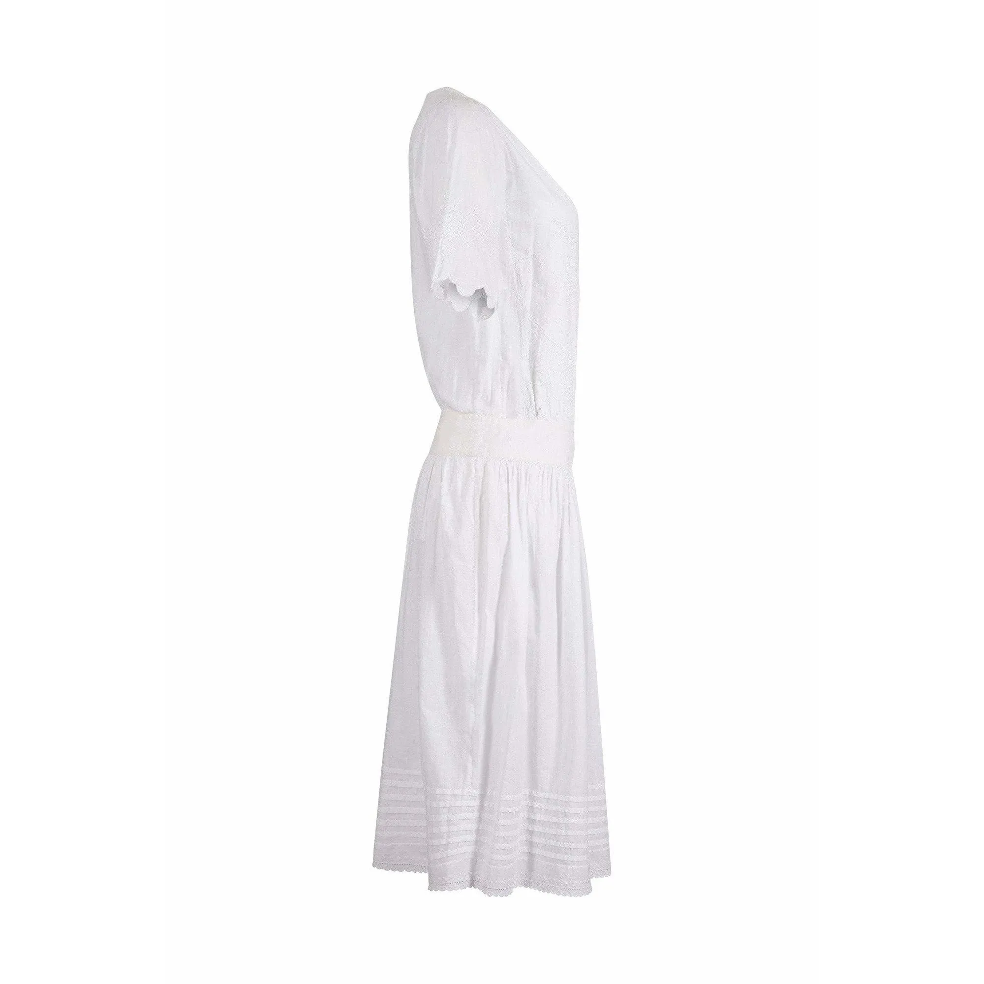 1920s White Embroidered Cotton Tea Dress