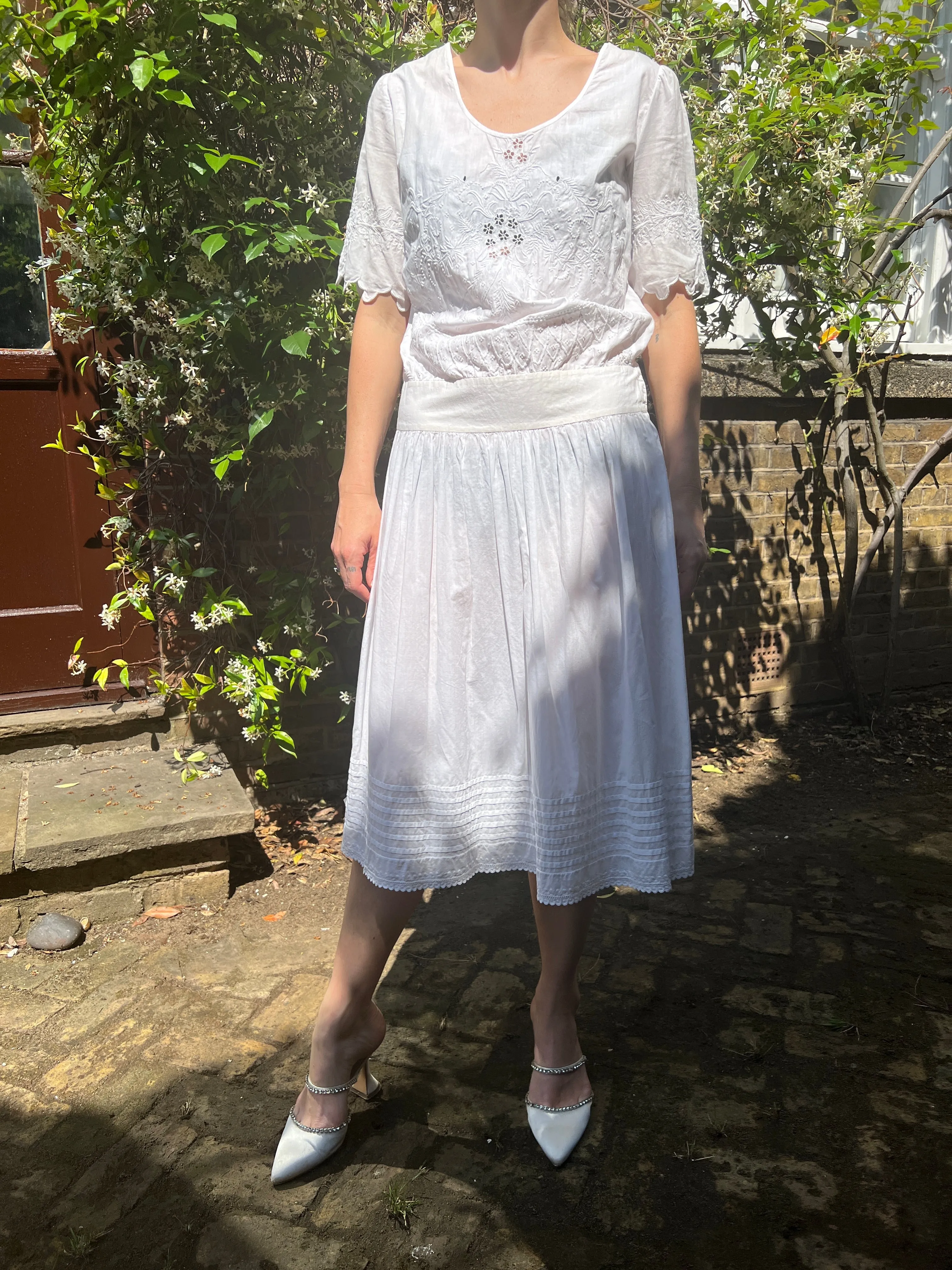 1920s White Embroidered Cotton Tea Dress