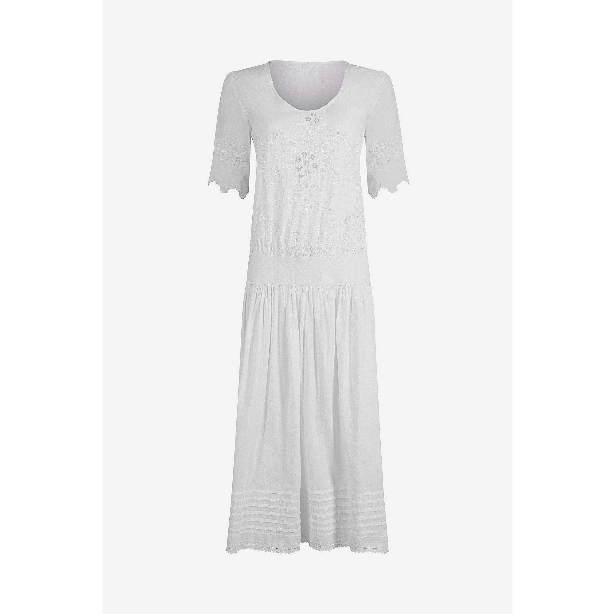 1920s White Embroidered Cotton Tea Dress