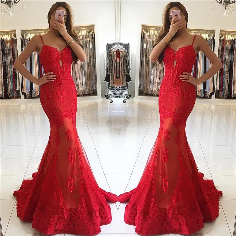 2020 formal spaghetti straps mermaid red long evening dresses, PD8583