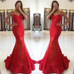 2020 formal spaghetti straps mermaid red long evening dresses, PD8583