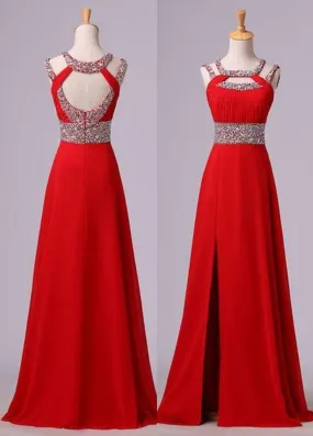 2024 Gorgeous Red Beading Open Back Chiffon Prom Dresses