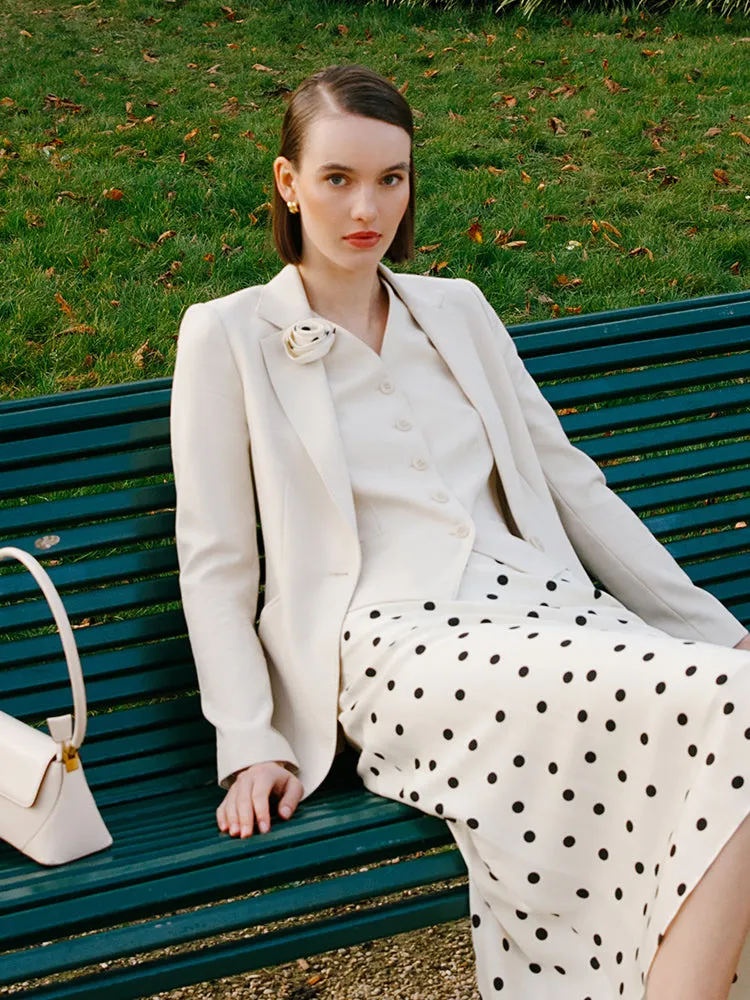 22 Momme Mulberry Silk Polka Dots Printed Women Half Skirt With 3D Rose Clip And Knotted Headband And Scrunchie