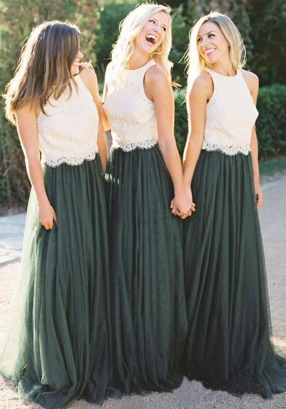 A Line Lace Bodice Green and White Tulle Long Round Neck Bridesmaid Dresses