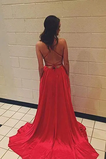 A Line Red Spaghetti Straps Open Back Prom Dresses with Slit Pockets