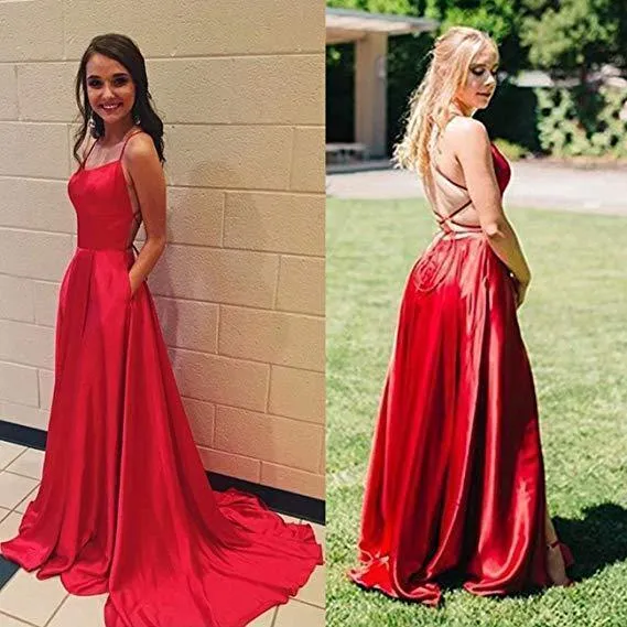 A Line Red Spaghetti Straps Open Back Prom Dresses with Slit Pockets