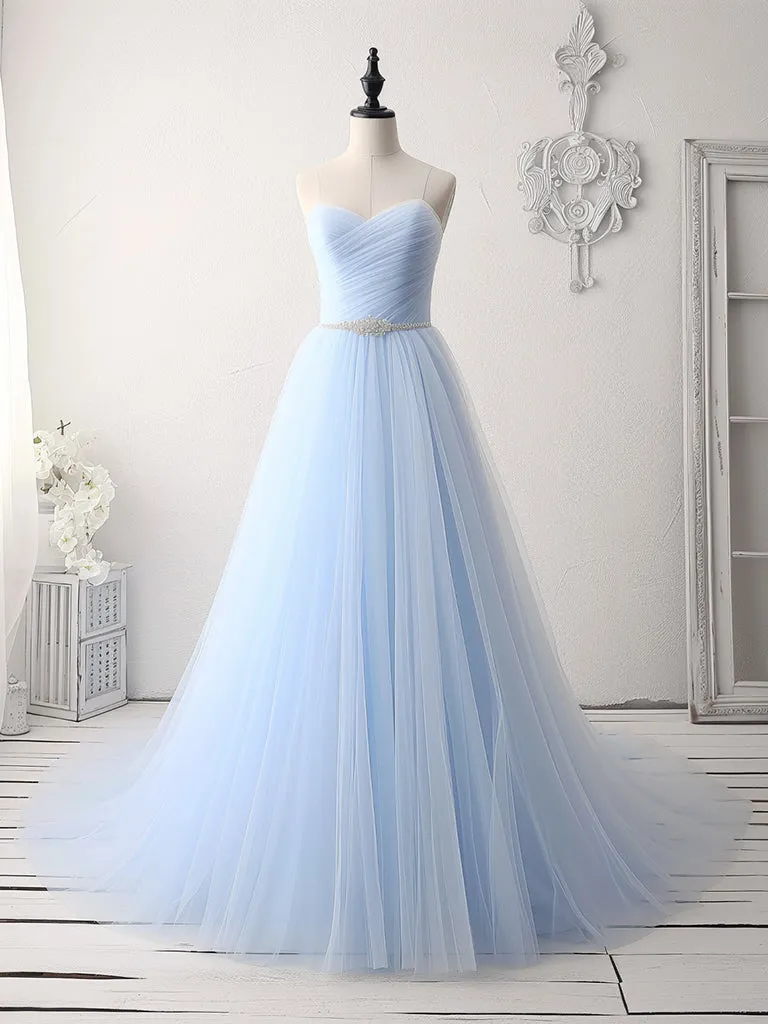 A-Line Sweetheart Neck Tulle Beads Blue Long Prom Dress, Blue Long Formal Dress