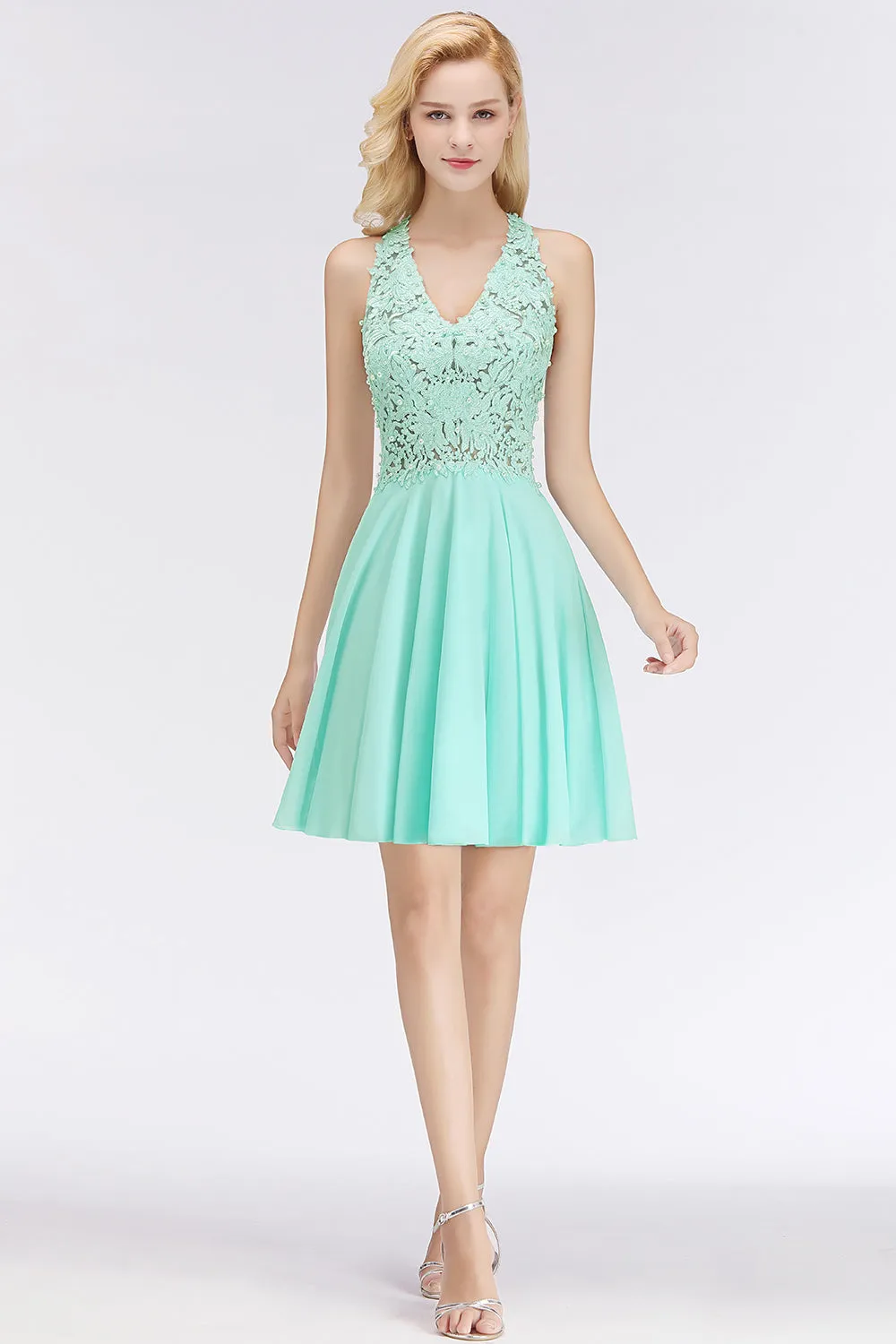 A-Line V-Neck Lace Sleeveless Short Bridesmaid Dress