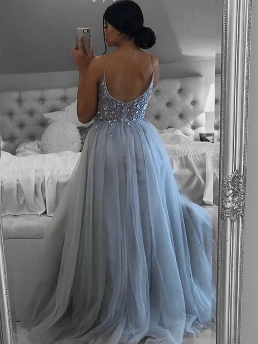 A Line V Neck Open Back Beaded Gray Long Prom Dresses, Backless Gray Formal Dresses, Gray Evening Dresses