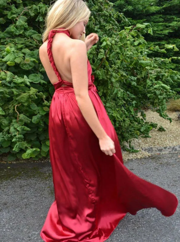 A-Line V-Neck Pleated Red Satin Bridesmaid Dress