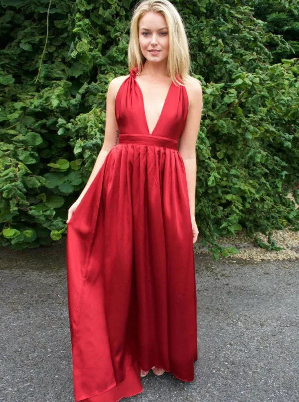 A-Line V-Neck Pleated Red Satin Bridesmaid Dress