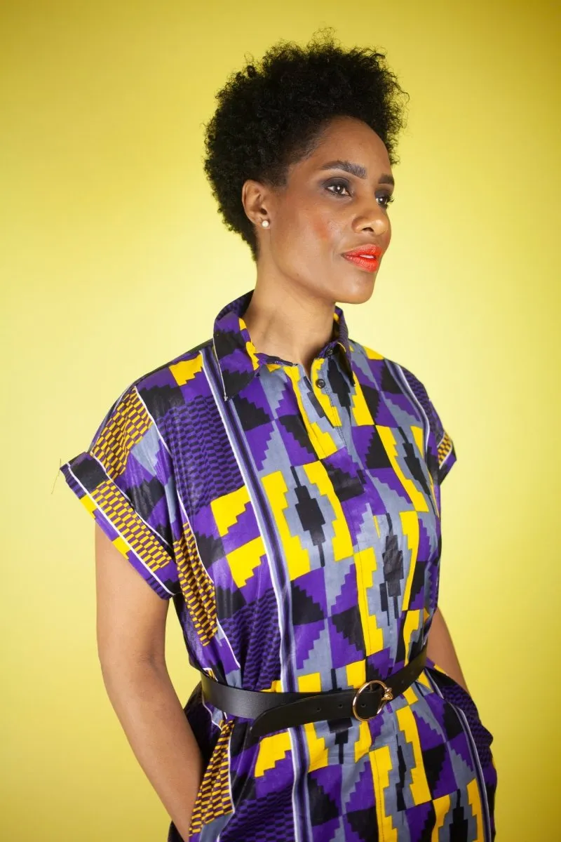 African Print Dress In Purple Kente