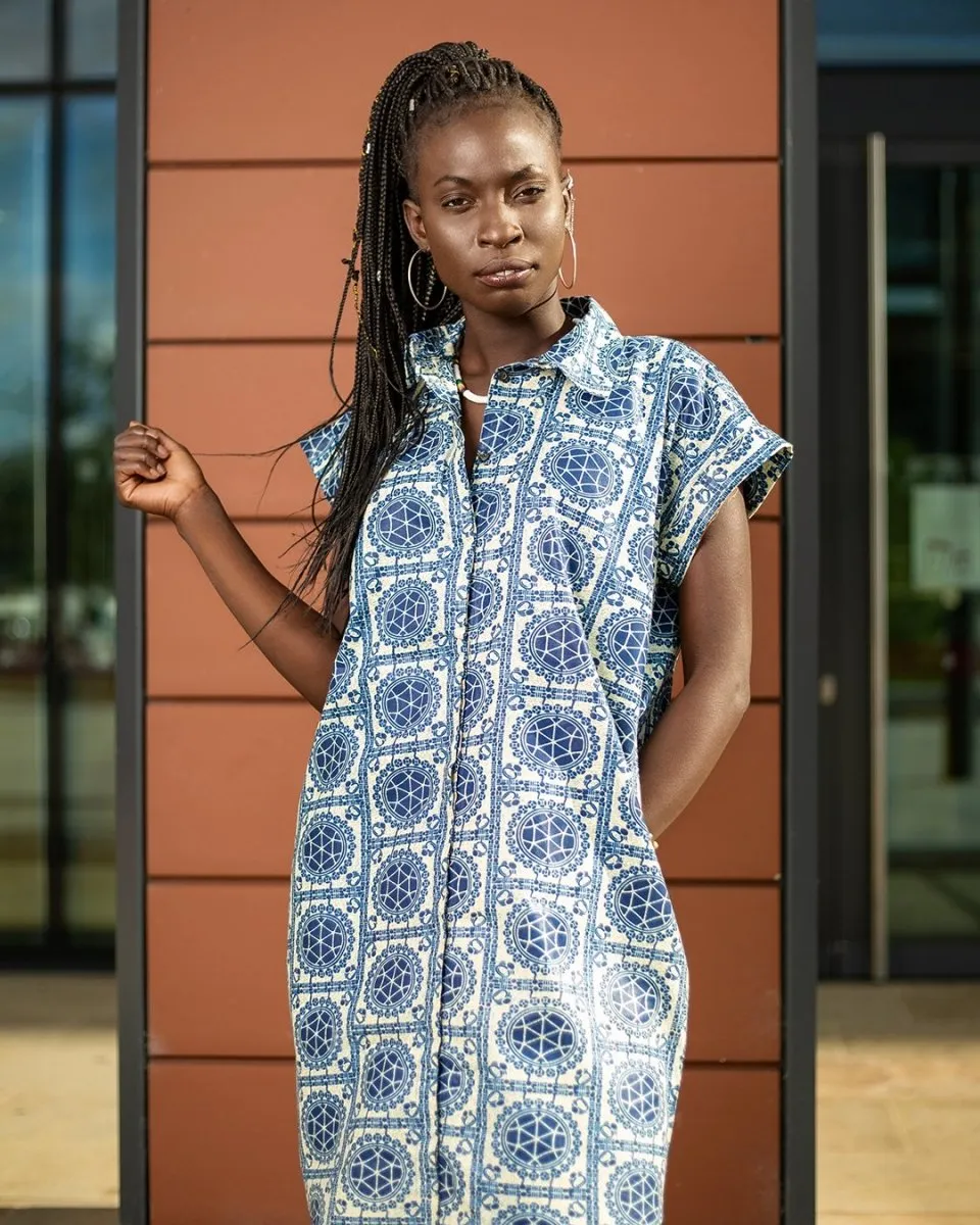 African Shirt Dress In Beautiful Blue Print