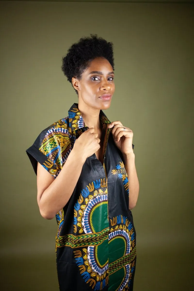 African Shirt Dress in Black Dashiki