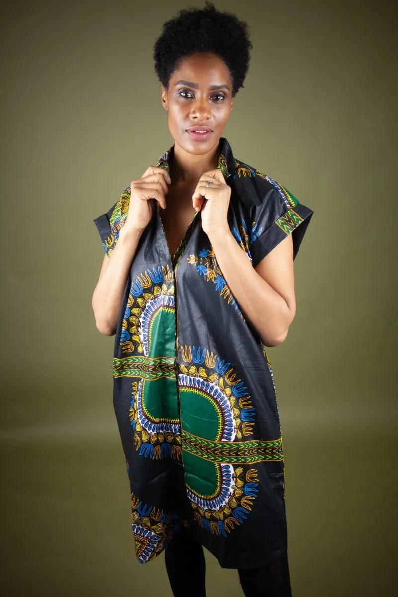 African Shirt Dress in Black Dashiki