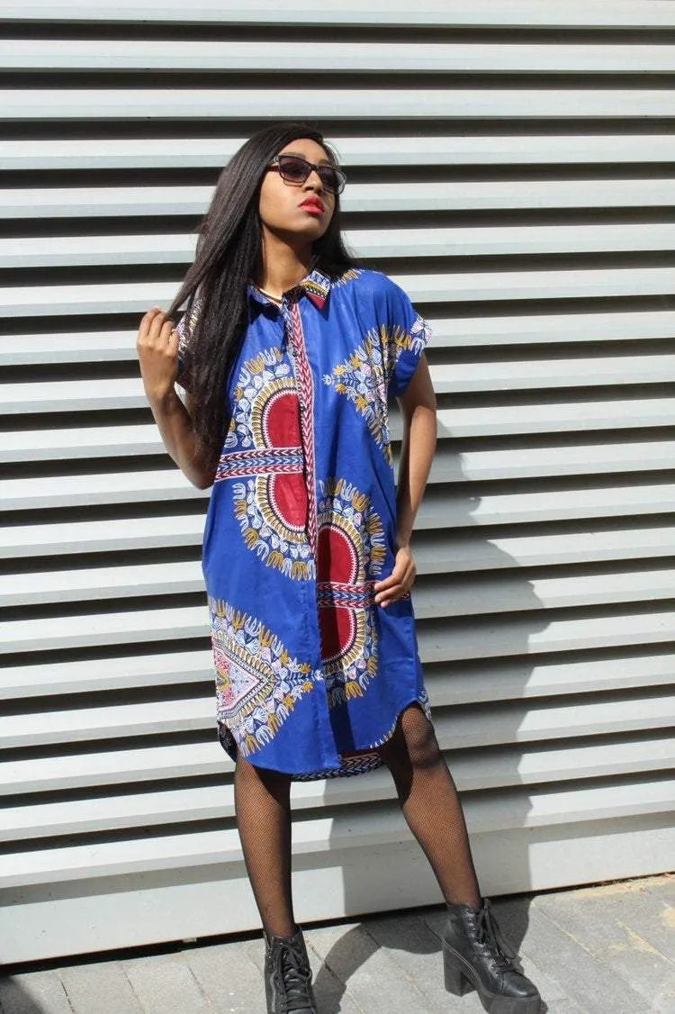 African Shirt Dress in Blue Dashiki Print - Festival Dress