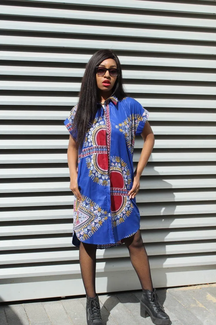 African Shirt Dress in Blue Dashiki Print - Festival Dress