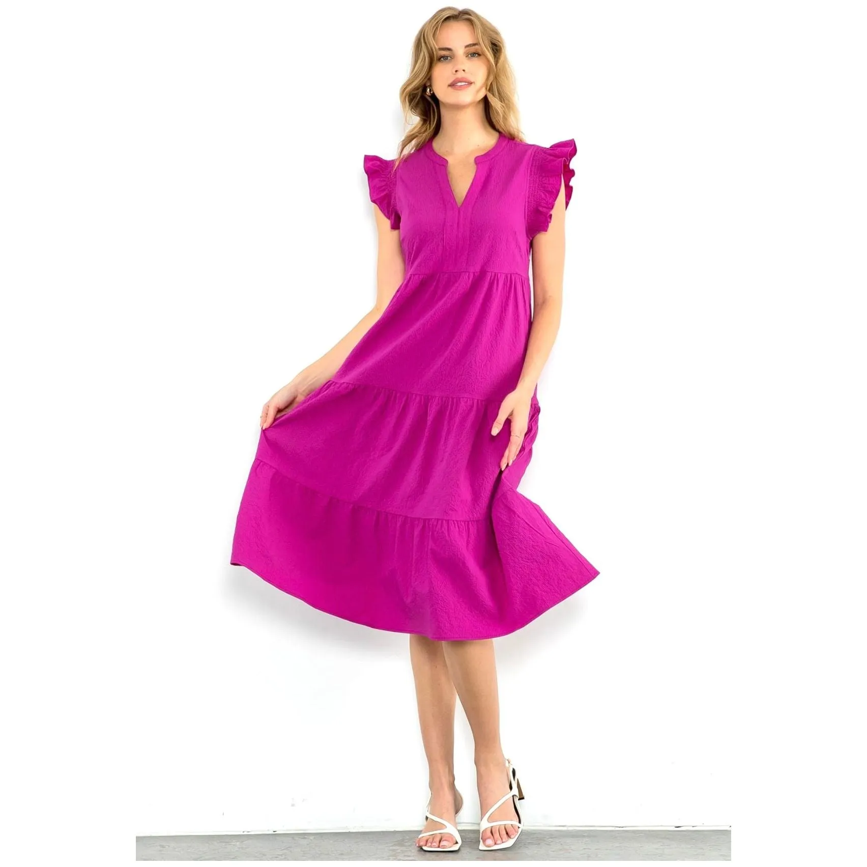 Alana Fuschia Ruffle Sleeve Tiered THML Dress