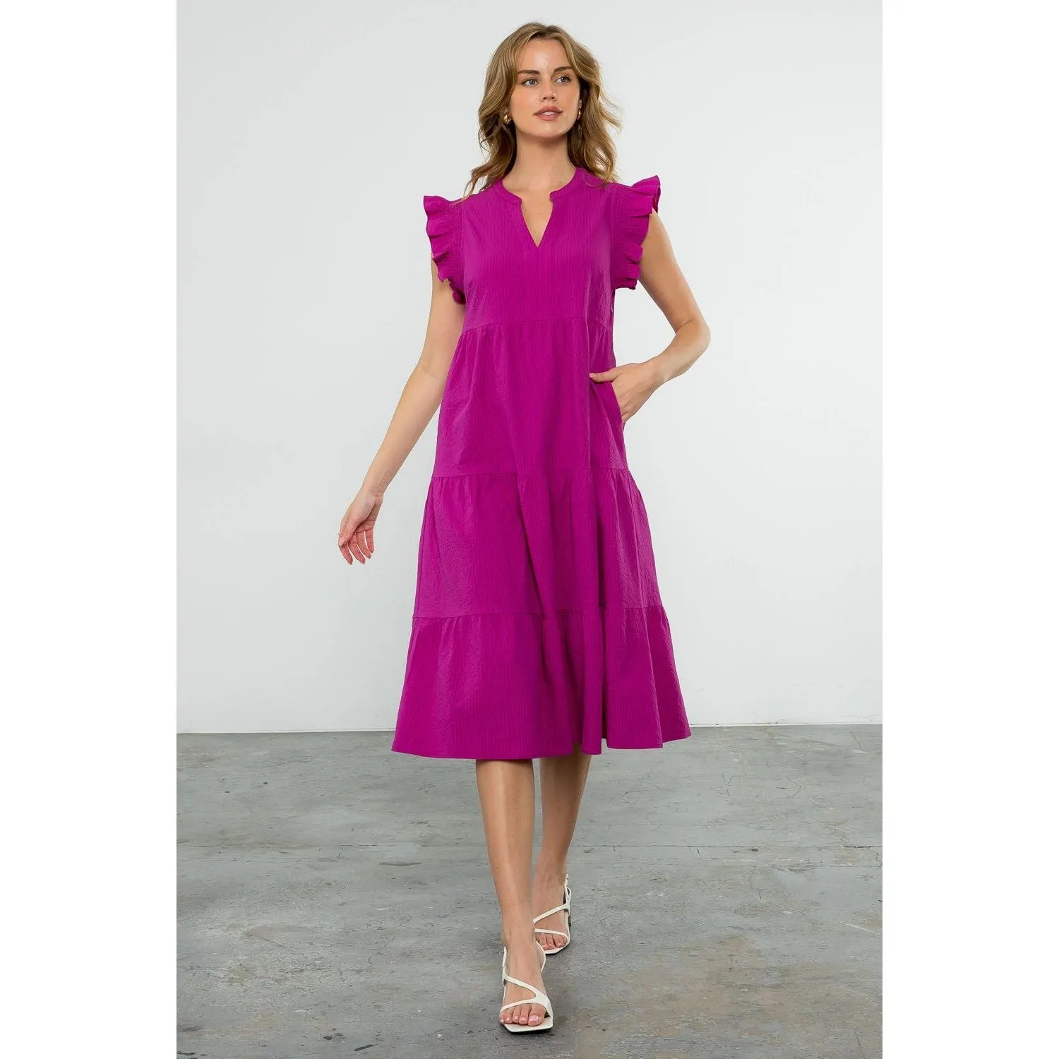 Alana Fuschia Ruffle Sleeve Tiered THML Dress