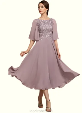 Alison A-Line Scoop Neck Tea-Length Chiffon Lace Mother of the Bride Dress STK126P0014743