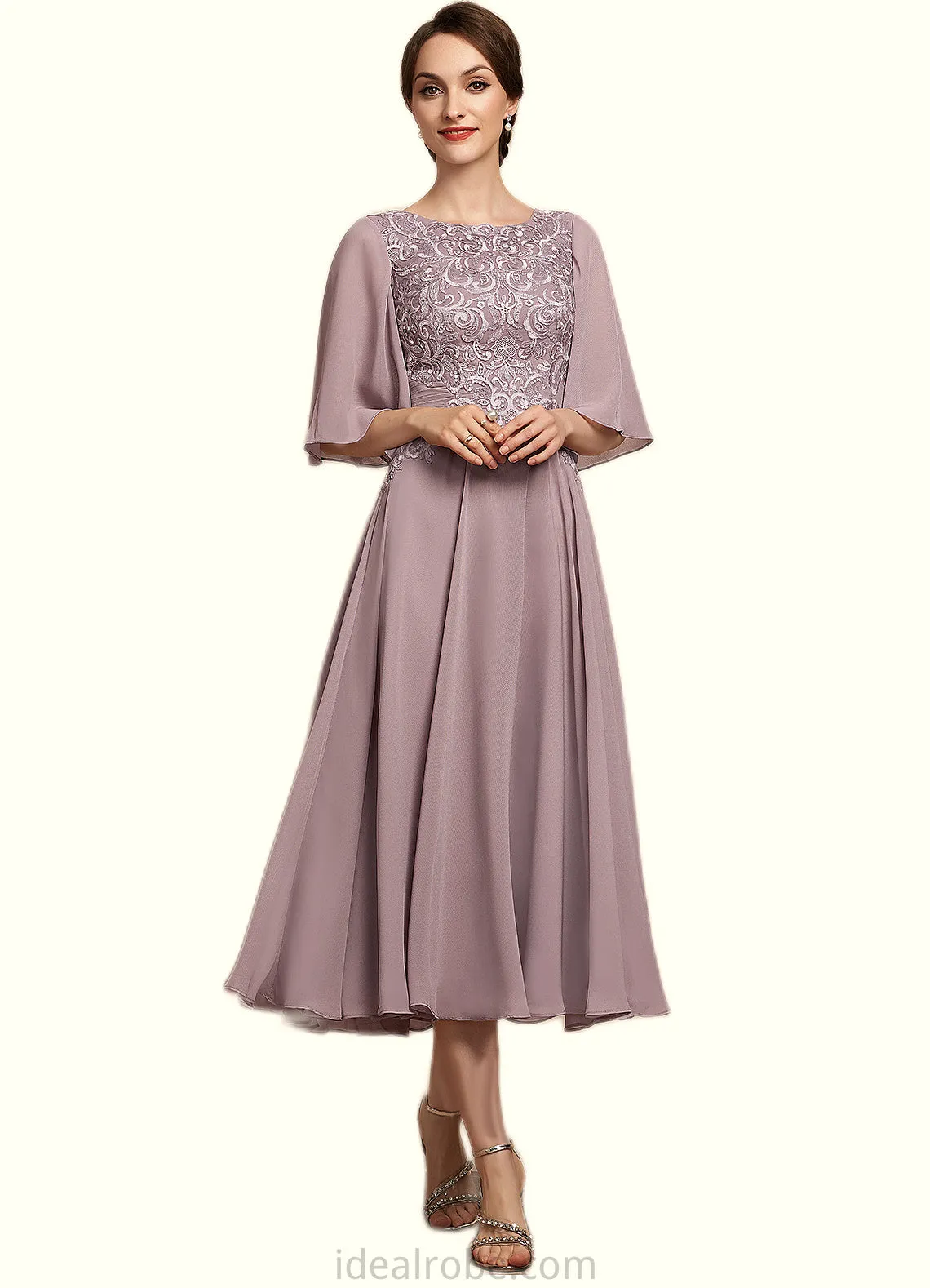 Alison A-Line Scoop Neck Tea-Length Chiffon Lace Mother of the Bride Dress STK126P0014743