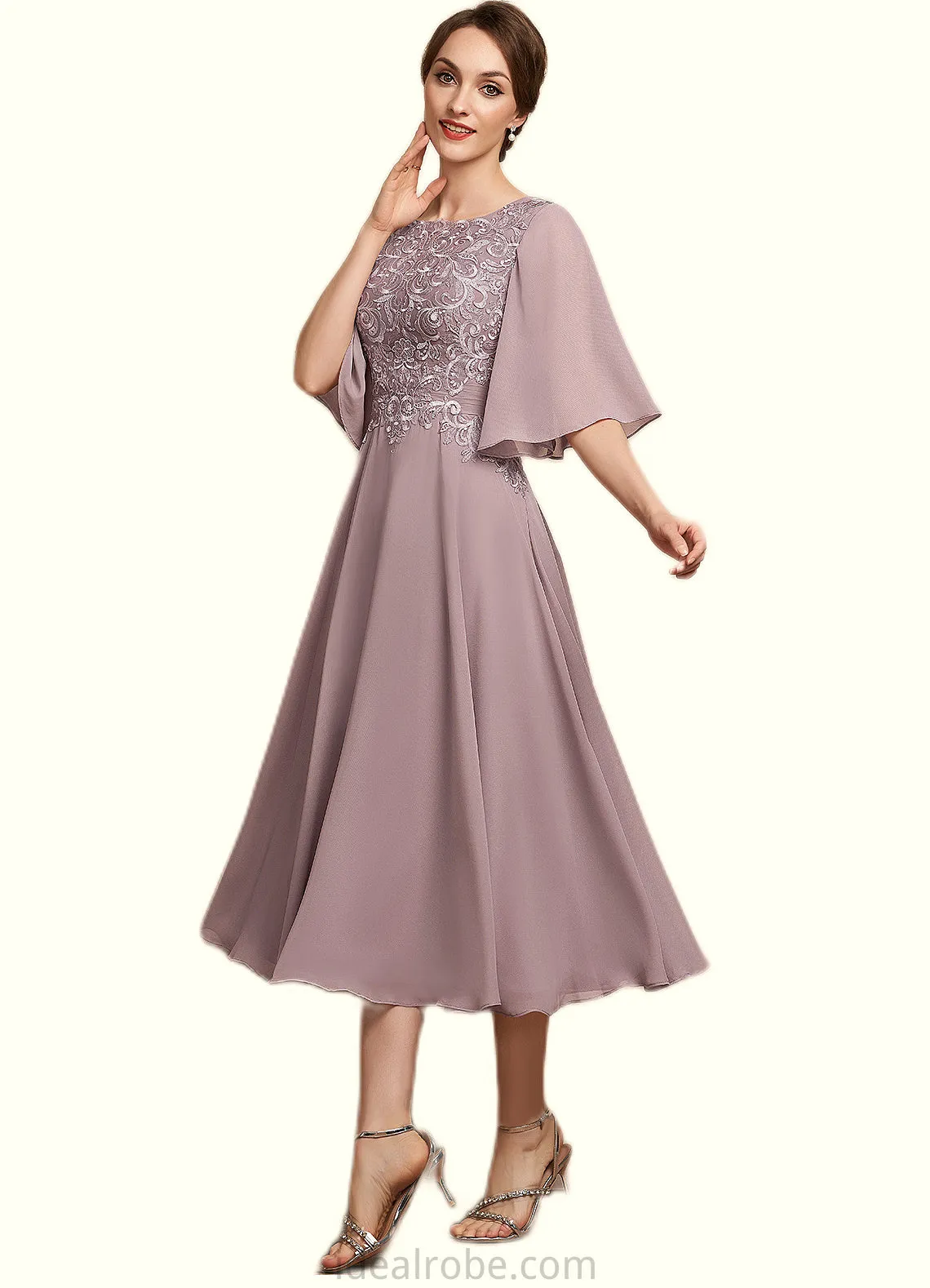 Alison A-Line Scoop Neck Tea-Length Chiffon Lace Mother of the Bride Dress STK126P0014743