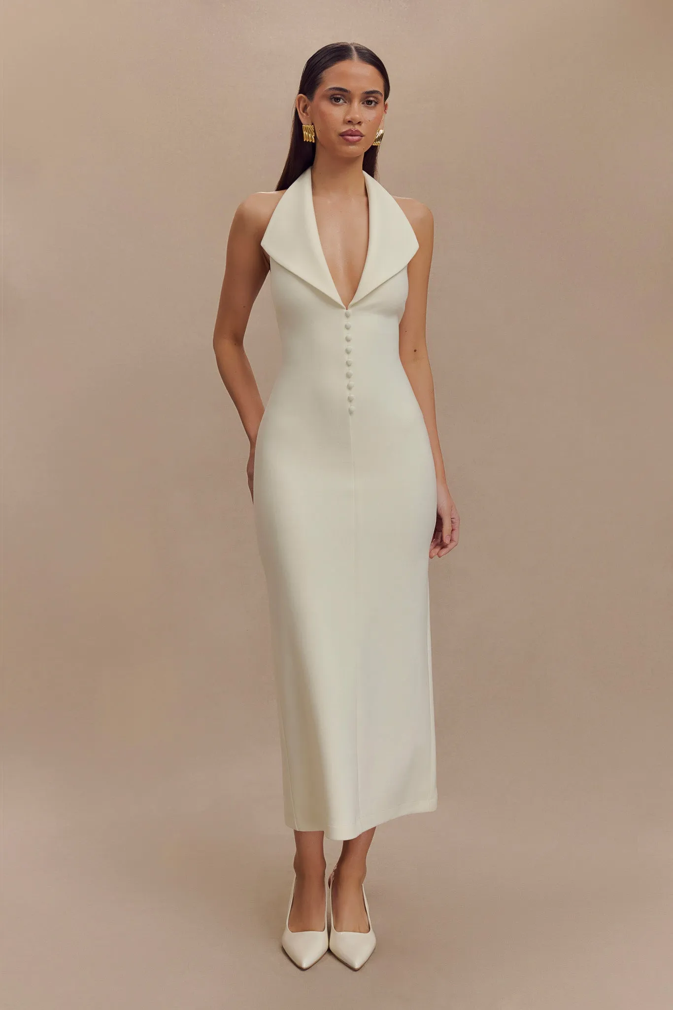 Annita Crepe Halter Midi Dress - Ivory