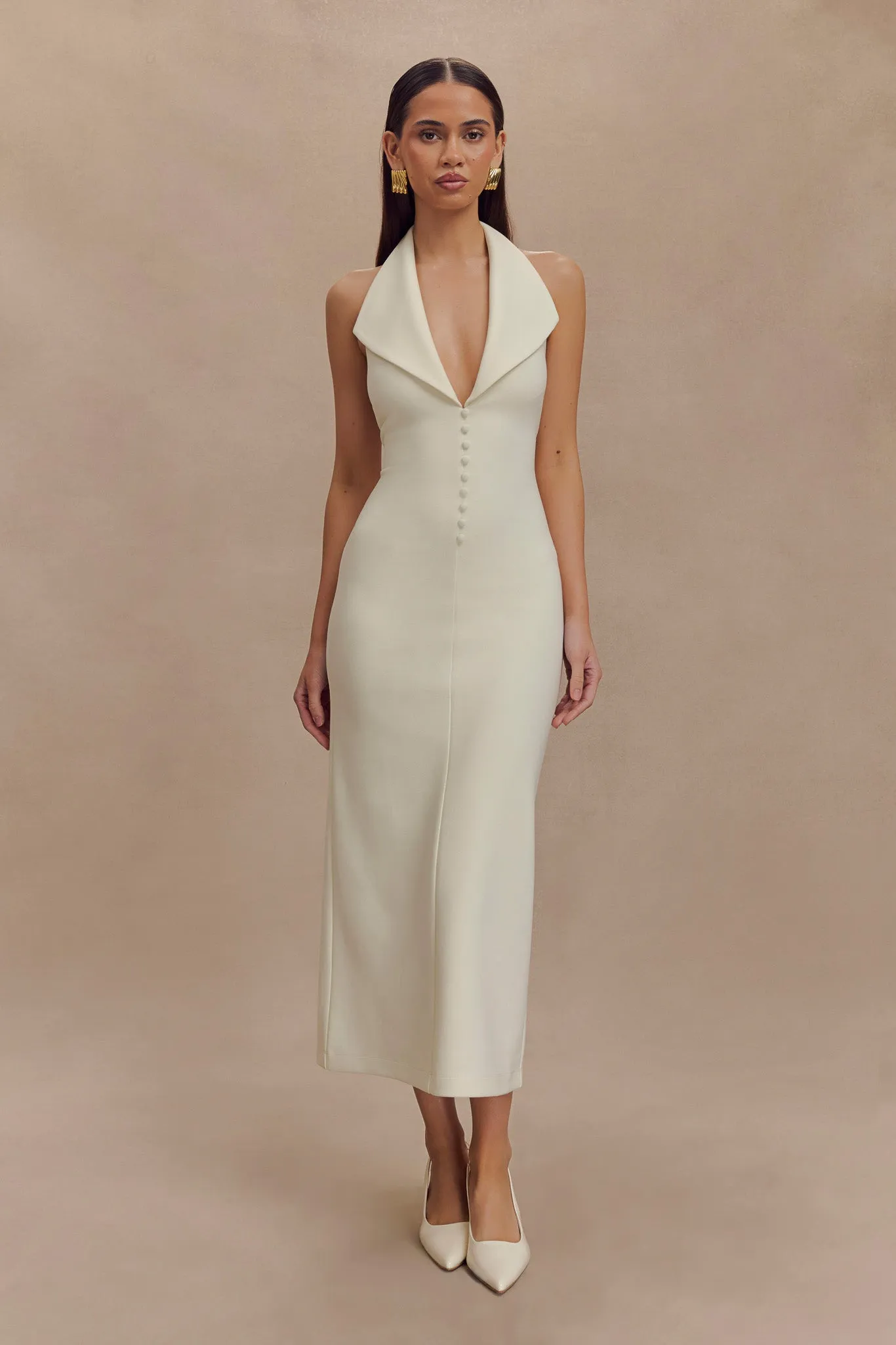 Annita Crepe Halter Midi Dress - Ivory