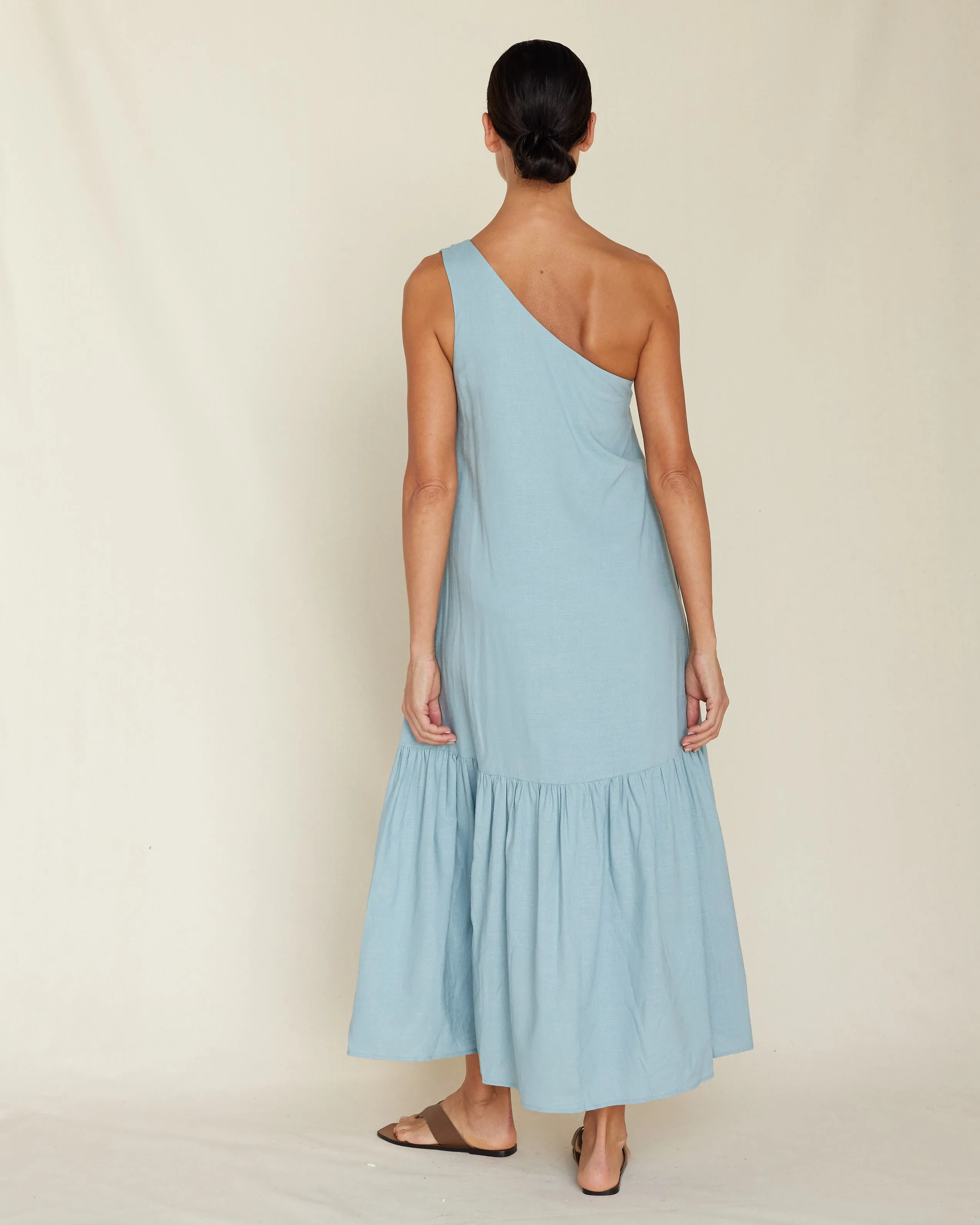 Aruba Linen One Shoulder Dress - Duckegg Blue