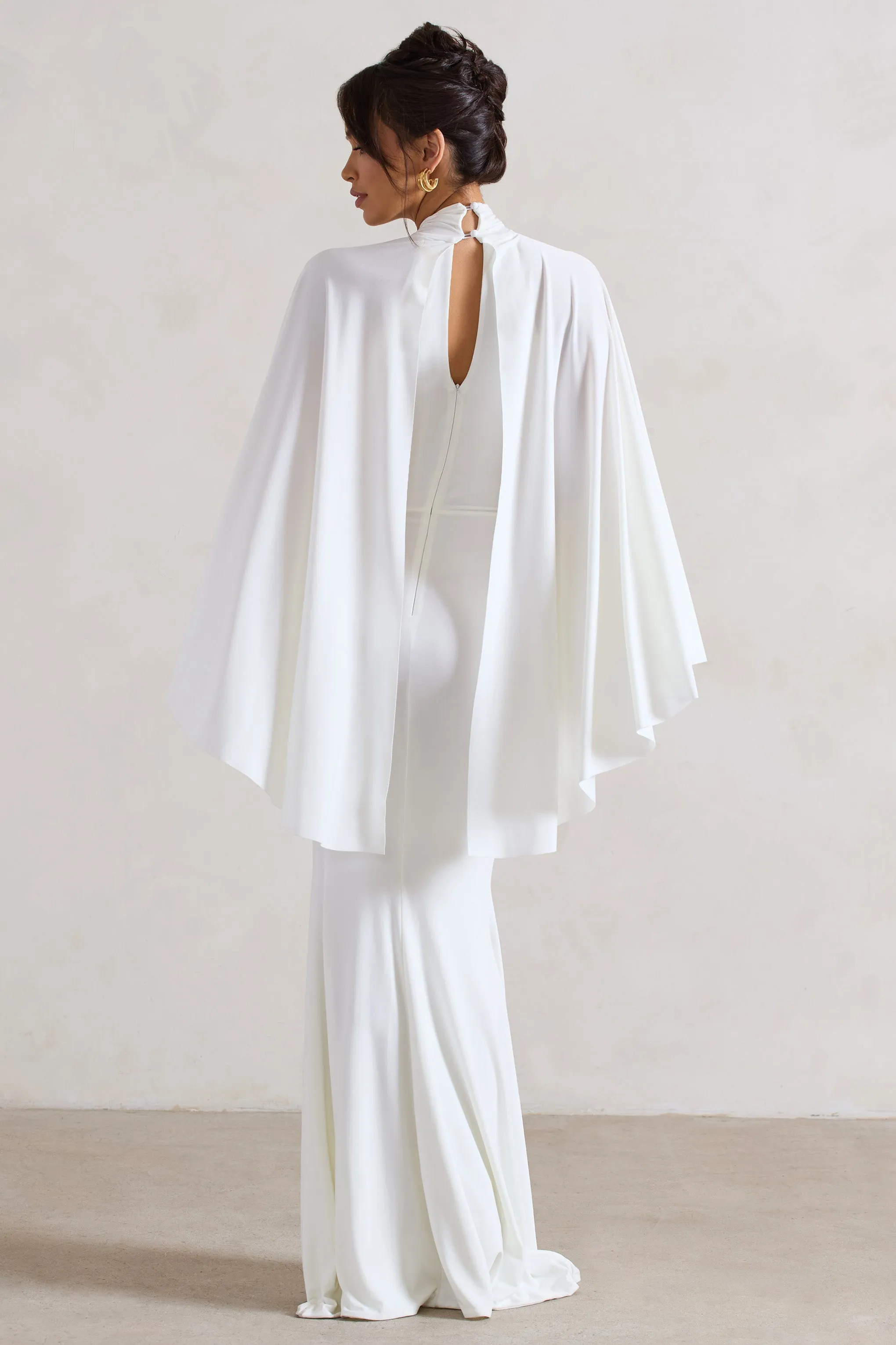 Audrina | White Ruched Halter-Neck Split Maxi Dress With Cape