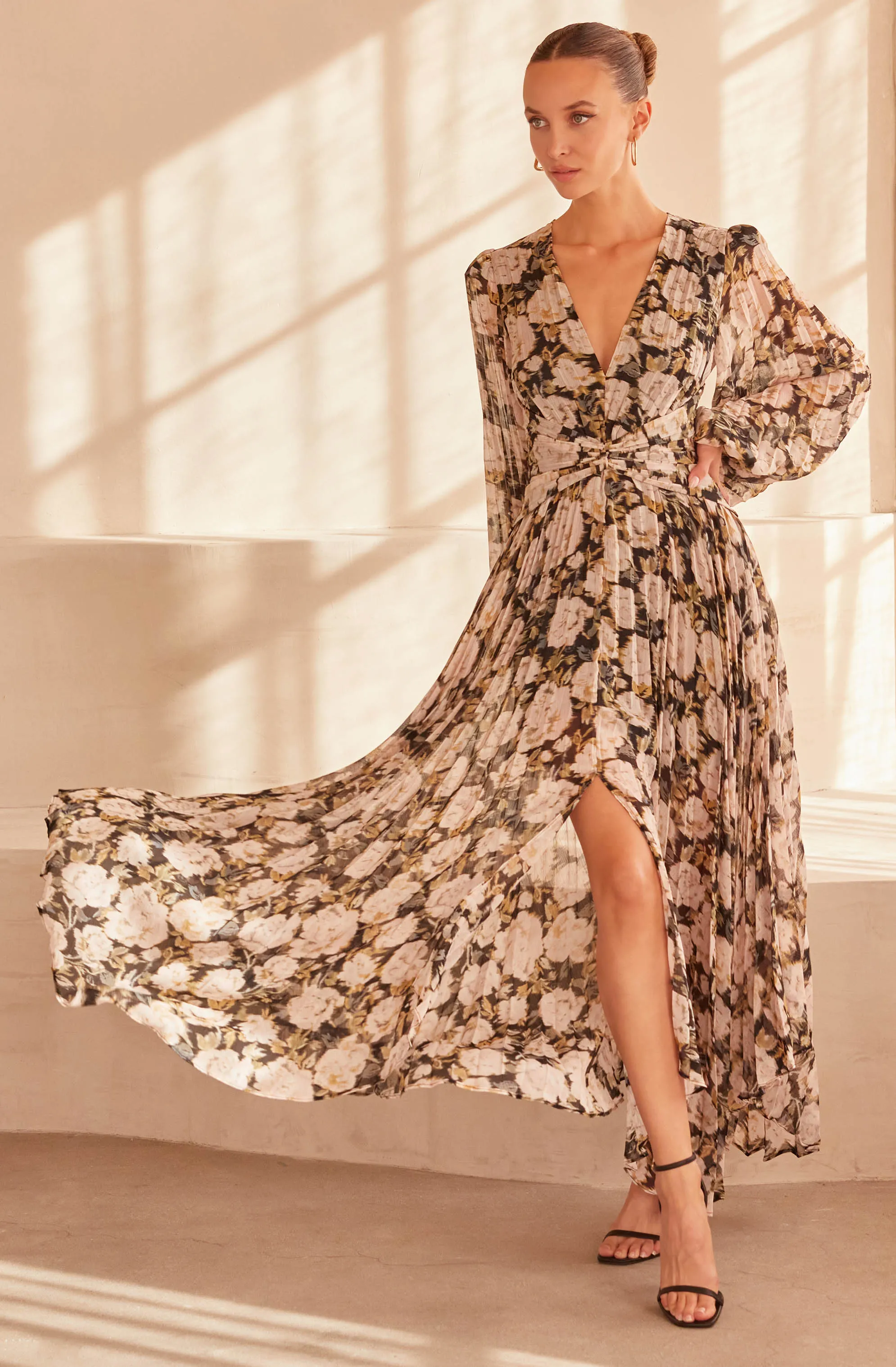 Ayana Floral Pleated Long Sleeve Maxi Dress