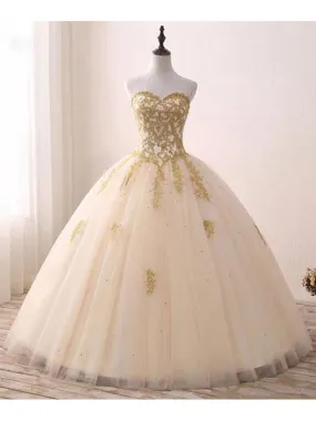 Ball Gown Gold Prom Dress Cheap Lace Tulle Prom Dress #ER201