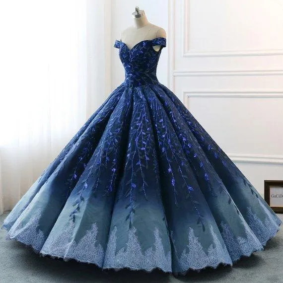 Ball Gown Navy Blue Lace Applique Ombre Off the Shoulder Princess Quinceanera Dresse