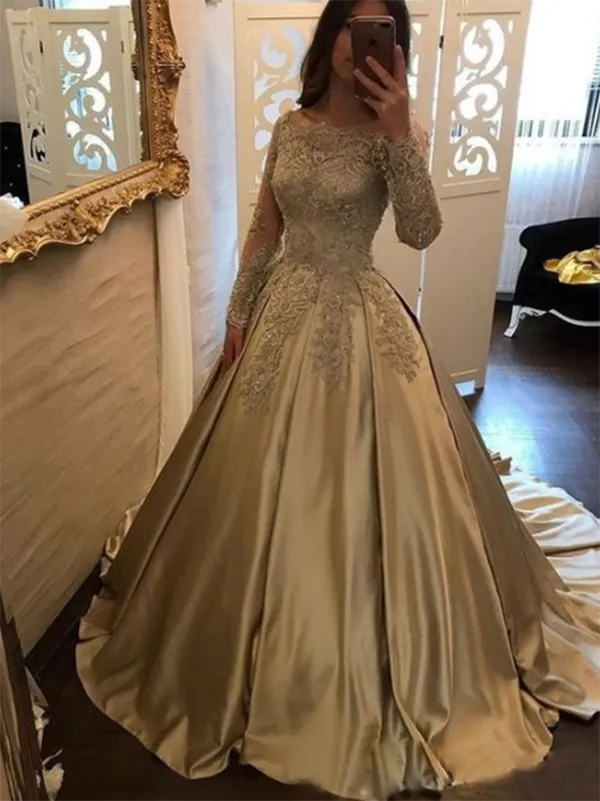 Ball Gown Prom Dress Lone Sleeve Lace Prom Dress #ER024