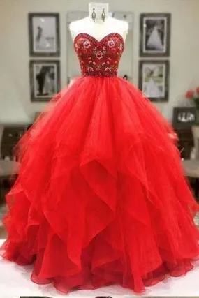 Ball Gown Sweetheart Strapless Embroidery Red Prom Dresses Long Party Dresses