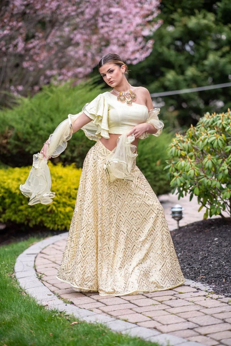 Beautiful Lemon Yellow One Shoulder Lehenga Set - Clearance