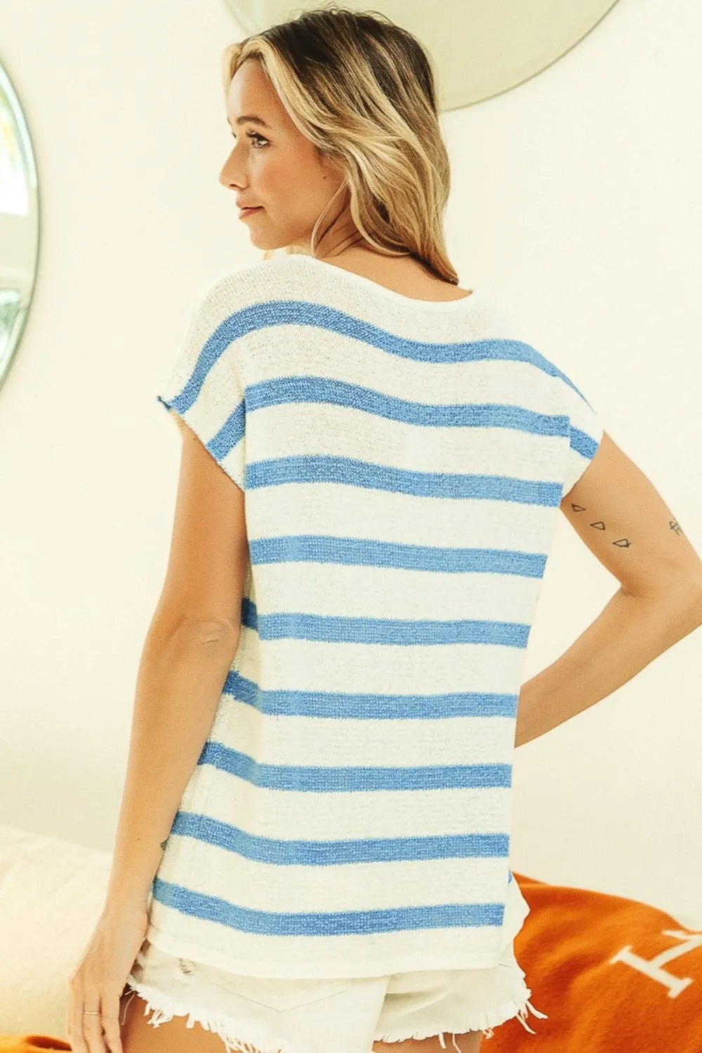 BiBi Striped Round Neck Short Sleeve Knit Top