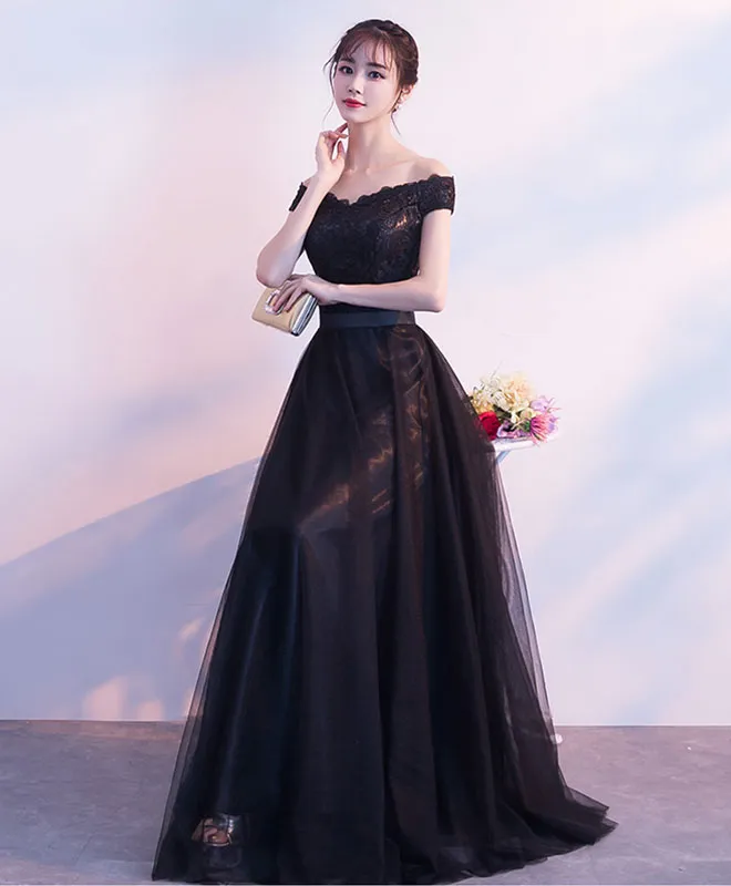 Black Lace Tulle Long Prom Dress, Lace Evening Dress