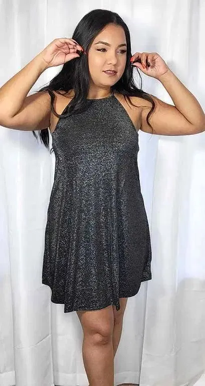 Black Sleeveless Mini Dress Shimmer, High Neck