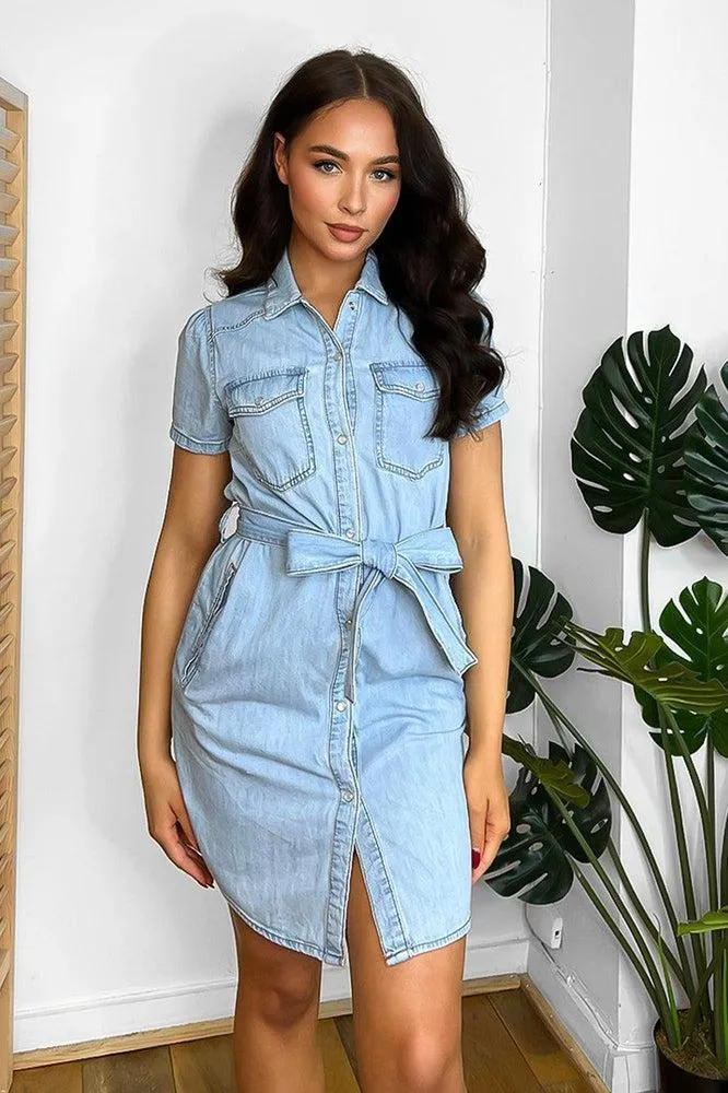 Bleached Blue Denim Belted Shirt Dress