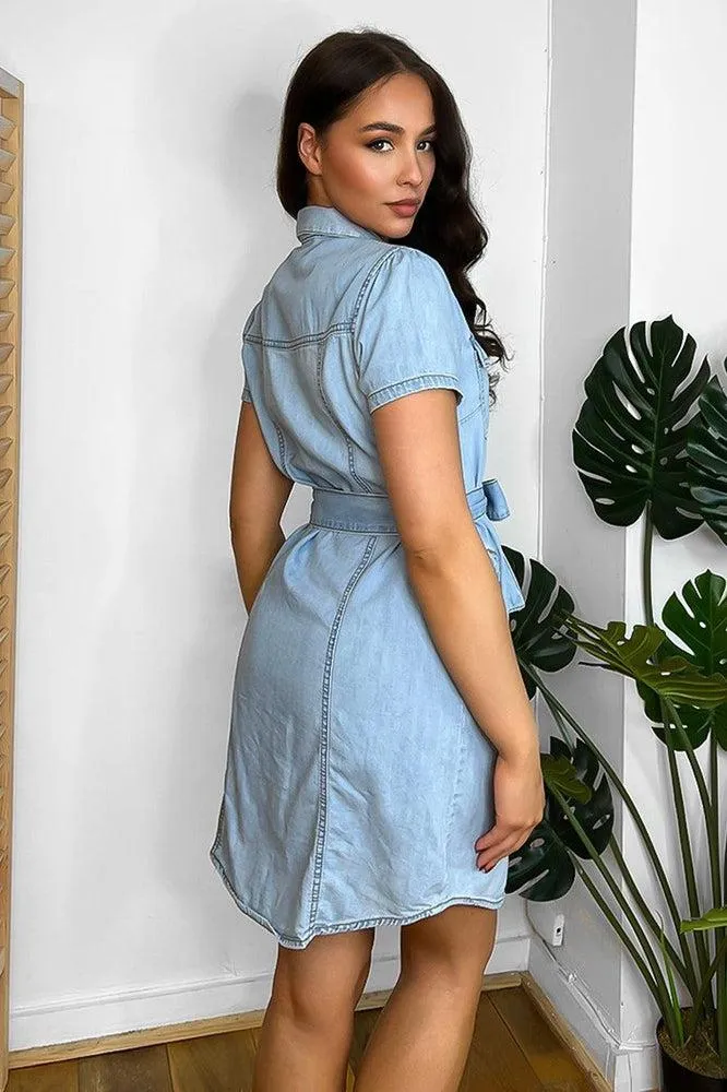 Bleached Blue Denim Belted Shirt Dress