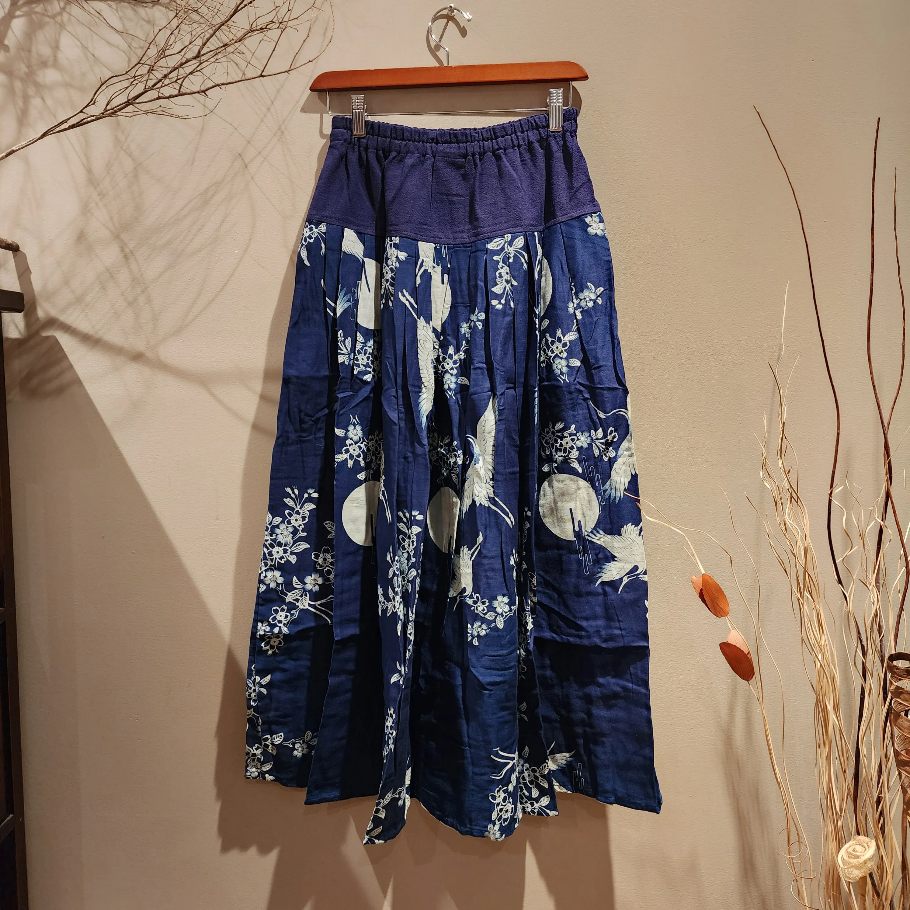 Blue Indigo Crane A-Line Skirt