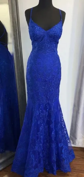 Blue Lace Prom Dress Long, Evening Dress, Formal Dress, Graduation School Party Gown, PC0505