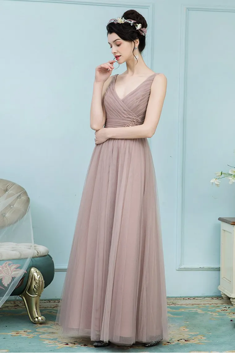 Bridget Floor Length Sleeveless V-Neck Tulle A-Line/Princess Natural Waist Bridesmaid Dresses