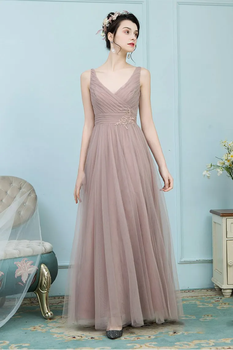 Bridget Floor Length Sleeveless V-Neck Tulle A-Line/Princess Natural Waist Bridesmaid Dresses