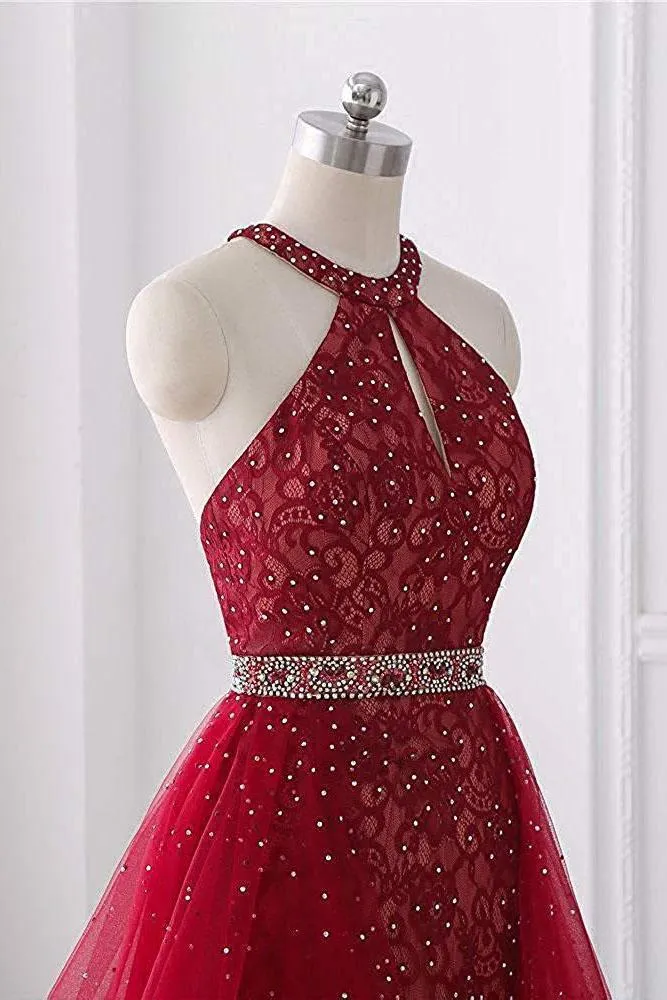 Burgundy Short Lace Beaded Halter Backless Evening Prom Dresses Homecoming Dresses