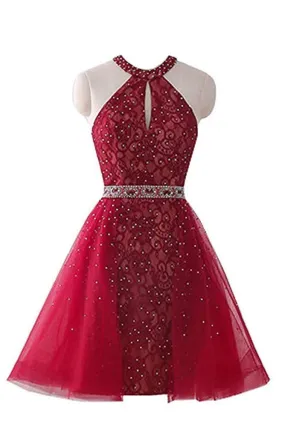 Burgundy Short Lace Beaded Halter Backless Evening Prom Dresses Homecoming Dresses